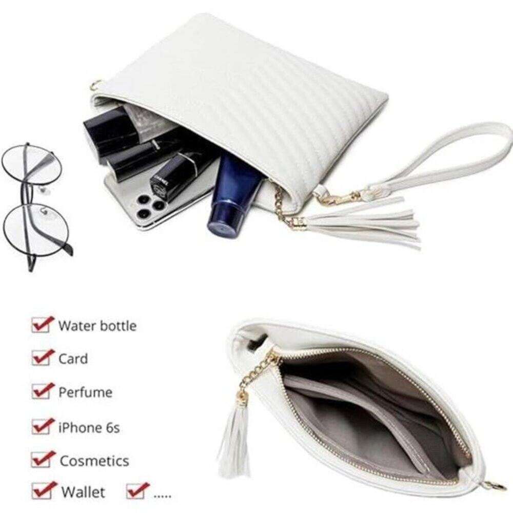 White Vegan Leather Shoulder Bag Clutch Crossbody Wallet With Wristlet Strap - Picture 5 of 7